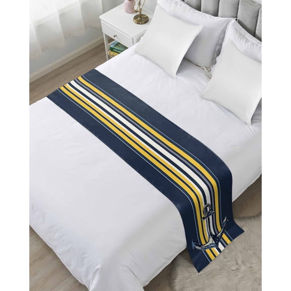 Xipuska Nautical Anchor Bed Runners for Twin Size Bed, Decorative Bed Throws for Foot of Bed, Navy Blue Yellow Striped Farmhouse Ombre Bed Runner Sofa Throw Bedding Scarf Slipcover for Bedroom