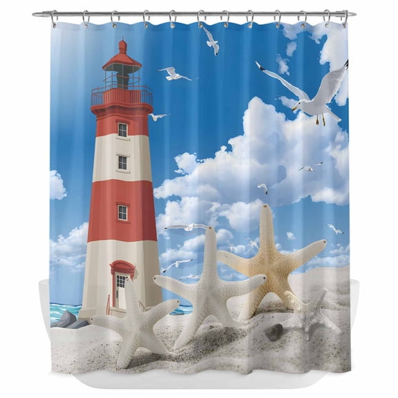 Xipuska Nautical Coastal Shower Curtain - Water Repellent Fabric Shower Curtains Washable, Ocean Sea Starfish Lighthouse Sky Decorative Polyester Cloth Bathroom Curtains Modern Bath Decor 66"x72"