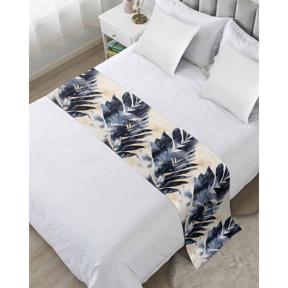 Xipuska Navy Blue Botanical Bed Runners for Twin Size Bed, Decorative Bed Throws for Foot of Bed, Vintage Tropical Palm Leaves Bed Runner Sofa Throw Bedding Scarf Protector Slipcover/Hotel