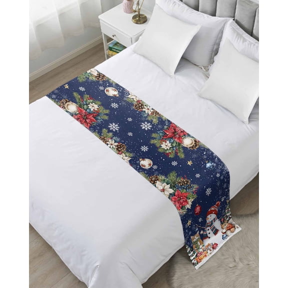 Xipuska Navy Blue Christmas Bed Runners for Twin Size Bed, Decorative Bed Throws for Foot of Bed, Snowman Poinsettia Pine Snowflakes Bed Runner Sofa Throw Bedding Scarf Slipcover for Bedroom