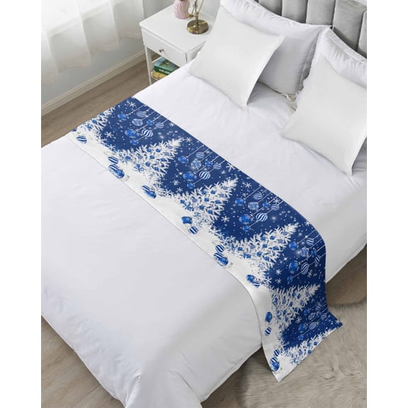 Xipuska Navy Blue Christmas Tree Bed Runners for Twin Size Bed, Decorative Bed Throws for Foot of Bed, Xmas Snowflake Balls Bed Runner Sofa Throw Bedding Scarf Protector Slipcover for Bedroom/Hotel