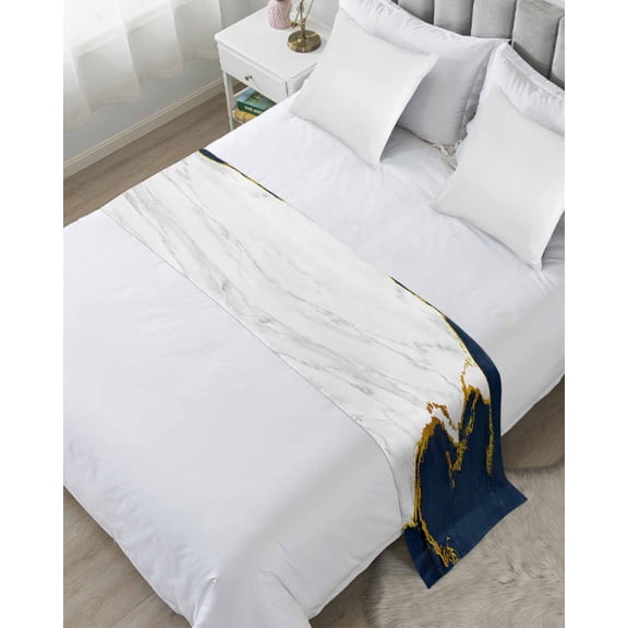 Xipuska Navy Blue Gold Marble Bed Runners for Twin Size Bed, Decorative Bed Throws for Foot of Bed, Modern Abstract Marble Crack Texture Bed Runner Sofa Throw Bedding Scarf Slipcover for Bedroom