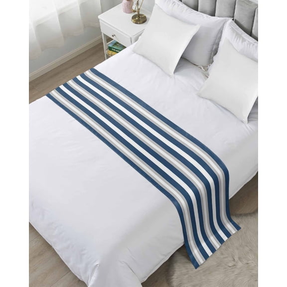 Xipuska Navy Blue Grey Stripe Bed Runners for Queen Size Bed, Decorative Bed Throws for Foot of Bed, Minimalist Farmhouse Striped Bed Runner Sofa Throw Bedding Scarf Protector Slipcover for Bedroom