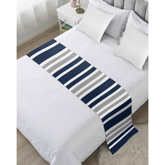 Xipuska Navy Blue Grey Striped Bed Runners for Queen Size Bed, Decorative Bed Throws for Foot of Bed, Modern Minimalist Ombre Lines Bed Runner Sofa Throw Bedding Scarf Protector Slipcover for Bedroom