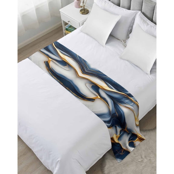Xipuska Navy Blue Marble Bed Runners for Twin Size Bed, Decorative Bed Throws for Foot of Bed, Gold Modern Art Bed Runner Sofa Throw Bedding Scarf Protector Slipcover for Bedroom/Hotel