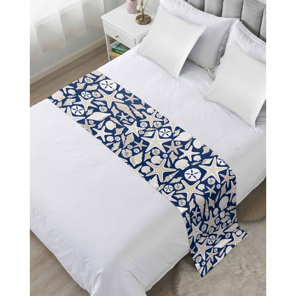 Xipuska Navy Blue Ocean Bed Runners for Queen Size Bed, Decorative Bed Throws for Foot of Bed, Coastal Starfish Shell Conch Shell Bed Runner Sofa Throw Bedding Scarf Protector Slipcover for Bedroom