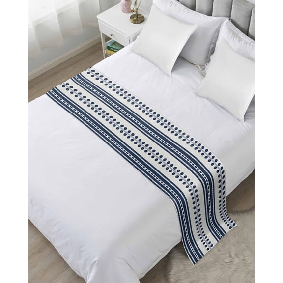 Xipuska Navy Blue Striped Bed Runners for Queen Size Bed, Decorative Bed Throws for Foot of Bed, Farmhouse Geometric Stripe Bed Runner Sofa Throw Bedding Scarf Protector Slipcover for Bedroom/Hotel