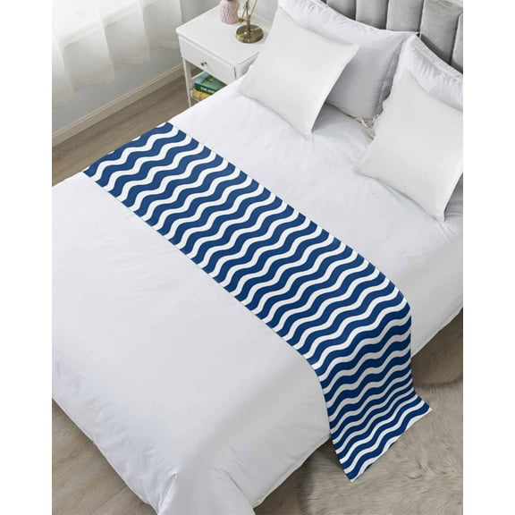Xipuska Navy Blue White Bed Runners for Twin Size Bed, Decorative Bed Throws for Foot of Bed, Abstract Waves Water Ripple Striped Bed Runner Sofa Throw Bedding Scarf Protector Slipcover for Bedroom