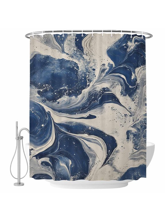 Navy White Shower Curtain - Water Repellent Fabric Shower Curtains Washable, Marble Modern Artwork Decorative Polyester Cloth Bathroom Curtains Modern Bath Decor 72"x72"