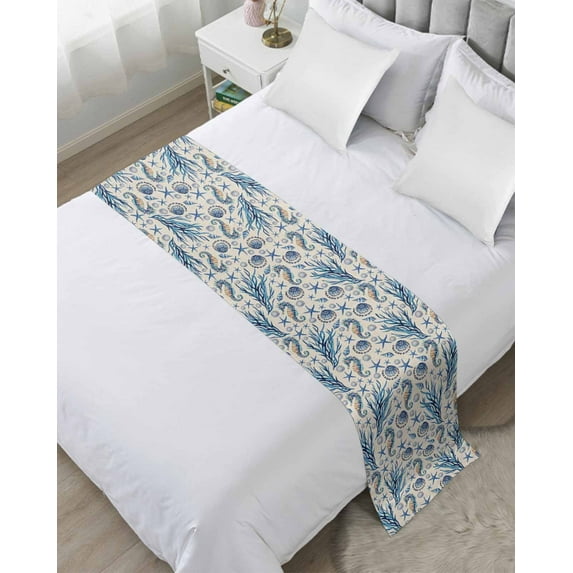 Xipuska Ocean Coastal Bed Runners for Queen Size Bed, Decorative Bed Throws for Foot of Bed, Blue Starfish Coral Shell Seahorse Conch Bed Runner Sofa Throw Bedding Scarf Slipcover for Bedroom