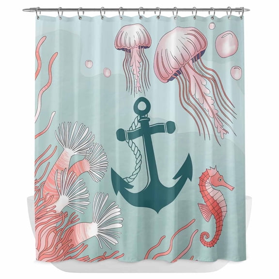 Xipuska Ocean Coastal Shower Curtain - Water Repellent Fabric Shower Curtains Washable, Nautical Anchor Jellyfish Coral Seahorse Decorative Polyester Cloth Bathroom Curtains Modern Bath Decor 66"x72"