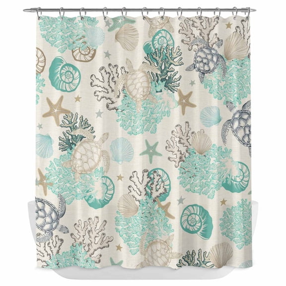 Xipuska Ocean Coastal Shower Curtain - Water Repellent Fabric Shower Curtains Washable, Vintage Sea Turtle Coral Shell Starfish Decorative Polyester Cloth Bathroom Curtains Modern Bath Decor 66"x72"