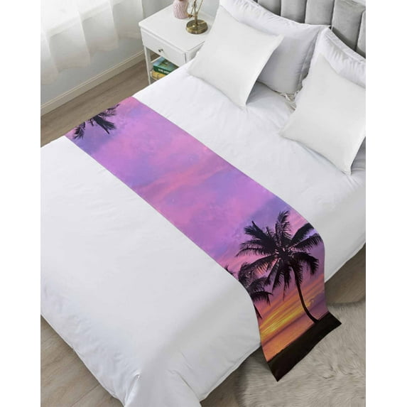 Xipuska Ocean Sunset Bed Runners for Queen Size Bed, Decorative Bed Throws for Foot of Bed, Summer Seashore Palm Tree Gradient Sky Bed Runner Sofa Throw Bedding Scarf Protector Slipcover for Bedroom