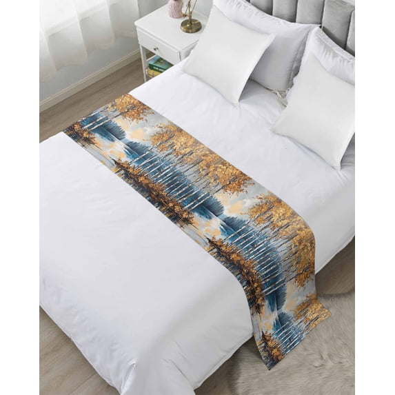 Xipuska Oil Painted Bed Runners for King Size Bed, Decorative Bed Throws for Foot of Bed, Blue Yellow Tree Impressionist Forest Bed Runner Sofa Throw Bedding Scarf Protector Slipcover for Bedroom