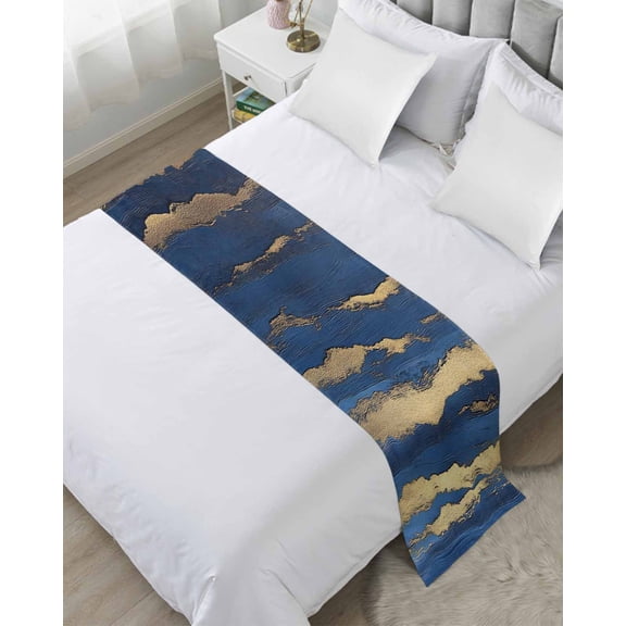 Xipuska Oil Painted Blue Golden Bed Runners for Queen Size Bed, Decorative Bed Throws for Foot of Bed, Abstract Luxury Modern Bed Runner Sofa Throw Bedding Scarf Protector Slipcover for Bedroom/Hotel