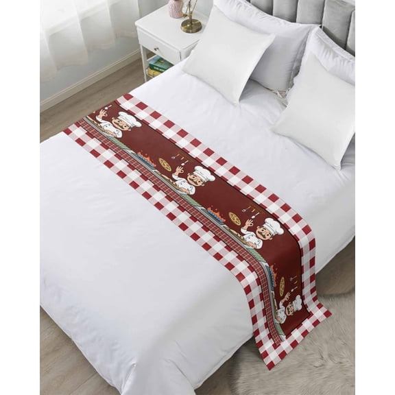 Xipuska Ok Gourmet Cooking Bed Runners for Queen Size Bed, Decorative Bed Throws for Foot of Bed, Funny Chef Kitchen Knife Fork Red Plaid Bed Runner Sofa Throw Bedding Scarf Slipcover for Bedroom