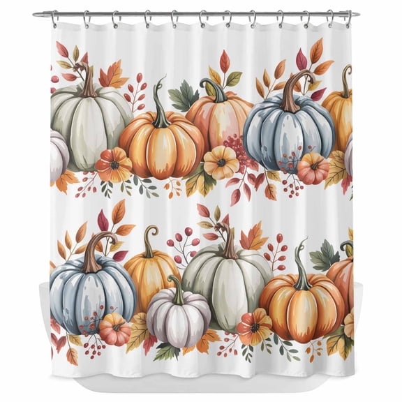 Xipuska Orange Blue Green Pumpkin Shower Curtain - Water Repellent Fabric Shower Curtains Washable, Thanksgiving Fall Botanical Leaves Decorative Cloth Bathroom Curtains Modern Bath Decor 66"x72"
