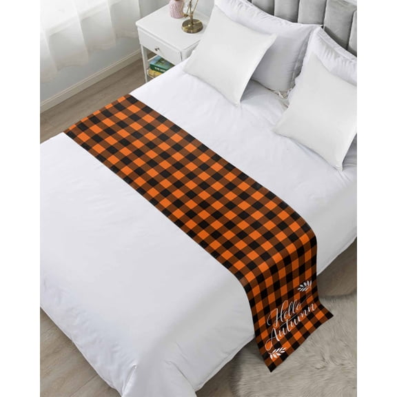 Xipuska Orange Buffalo Plaid Bed Runners for Queen Size Bed, Decorative Bed Throws for Foot of Bed, Vintage Check Fall Farmhouse Bed Runner Sofa Throw Bedding Scarf Protector Slipcover for Bedroom