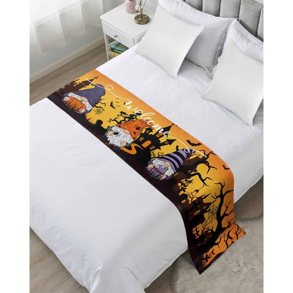 Xipuska Orange Halloween Bed Runners for Cal King Size Bed, Decorative Bed Throws for Foot of Bed, Gnomes Scary Pumpkin Bat Black Tree Bed Runner Sofa Throw Bedding Scarf Slipcover for Bedroom