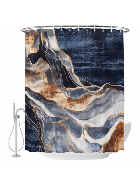 Orange Navy Blue Shower Curtain - Water Repellent Fabric Shower Curtains Washable, Marble Stone Abstract Art Decorative Polyester Cloth Bathroom Curtains Modern Bath Decor 72"x72"