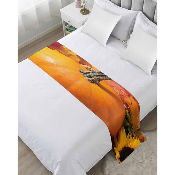 Xipuska Orange Pumpkin Bed Runners for Twin Size Bed, Decorative Bed Throws for Foot of Bed, Fall Thanksgiving Maple Leaf Fruit Corn Bed Runner Sofa Throw Bedding Scarf Slipcover for Bedroom