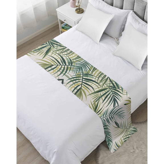 Xipuska Palm Leaf Bed Runners for Queen Size Bed, Decorative Bed Throws for Foot of Bed, Green Tropical Plant Summer Botanical Bed Runner Sofa Throw Bedding Scarf Protector Slipcover for Bedroom