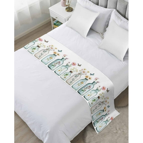 Xipuska Pastoral Floral Bed Runners for Queen Size Bed, Decorative Bed Throws for Foot of Bed, Colorful Flowers Butterflies Garden Bed Runner Sofa Throw Bedding Scarf Protector Slipcover for Bedroom