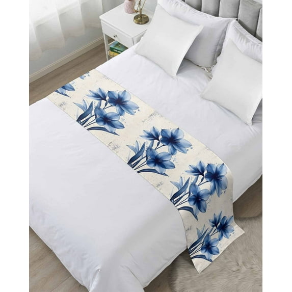 Xipuska Pastoral Floral Blue Bed Runners for Cal King Size Bed, Decorative Bed Throws for Foot of Bed, Garden Flora Illustrations Bed Runner Sofa Throw Bedding Scarf Protector Slipcover for Bedroom
