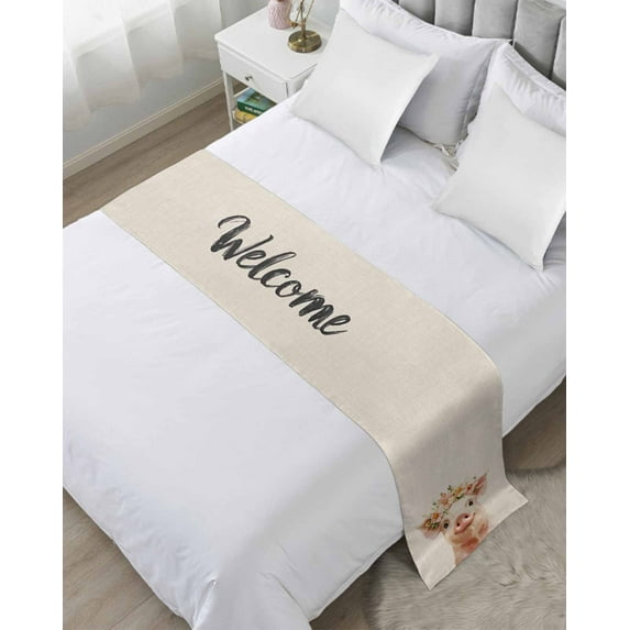 Xipuska Pig Flower Garland Bed Runners for Queen Size Bed, Decorative Bed Throws for Foot of Bed, Farm Animal Cottagecore Blooms Floral Bed Runner Sofa Throw Bedding Scarf Slipcover for Bedroom