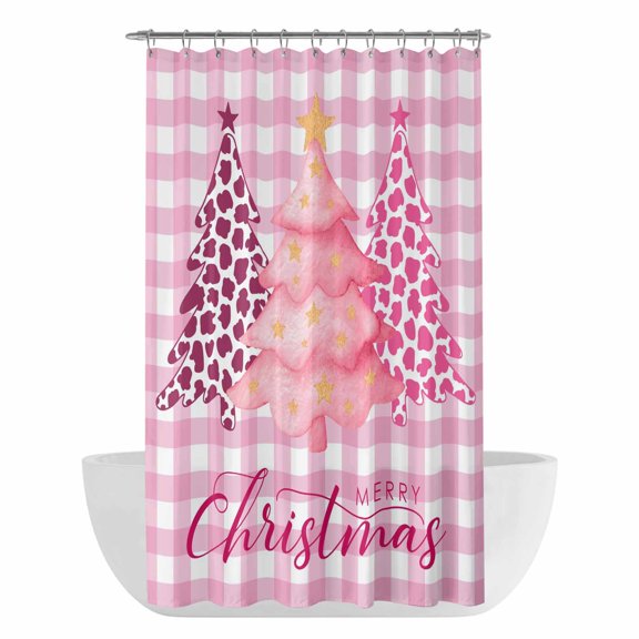 Xipuska Pink Christmas Trees Shower Curtain - Water Repellent Fabric Shower Curtains Washable, Leopard Print Xmas Tree Winter Plaid Decorative Cloth Bathroom Curtains Modern Bath Decor 36"x72"