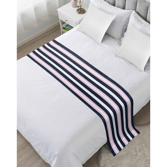 Xipuska Pink Navy Blue Striped Bed Runners for Twin Size Bed, Decorative Bed Throws for Foot of Bed, Minimalist Abstract Lines Artwork Bed Runner Sofa Throw Bedding Scarf Slipcover for Bedroom