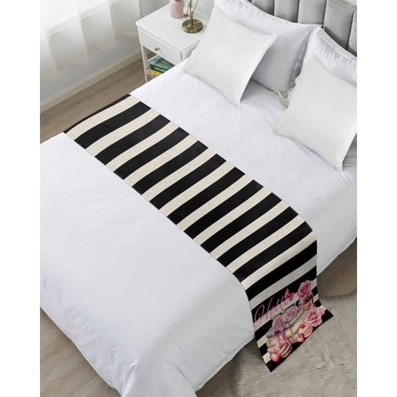 Xipuska Pink Rose Bed Runners for Twin Size Bed, Decorative Bed Throws for Foot of Bed, Books Cake Wine Black Beige Striped Bed Runner Sofa Throw Bedding Scarf Protector Slipcover for Bedroom/Hotel
