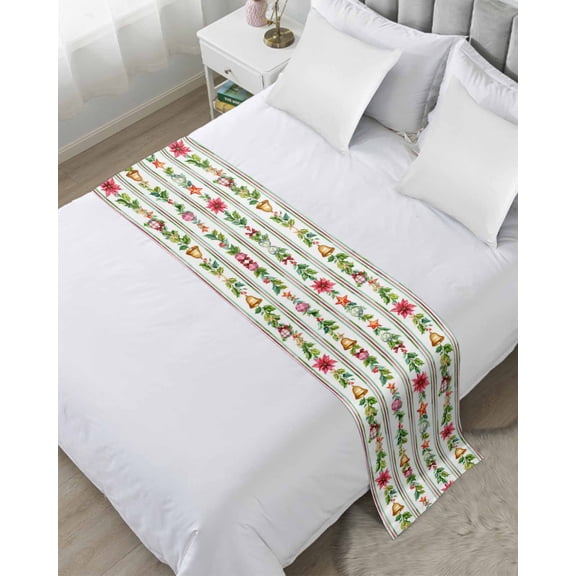 Xipuska Poinsettia Floral Bed Runners for King Size Bed, Decorative Bed Throws for Foot of Bed, Christmas Balls Xmas Plants Bells New Year Bed Runner Sofa Throw Bedding Scarf Slipcover for Bedroom
