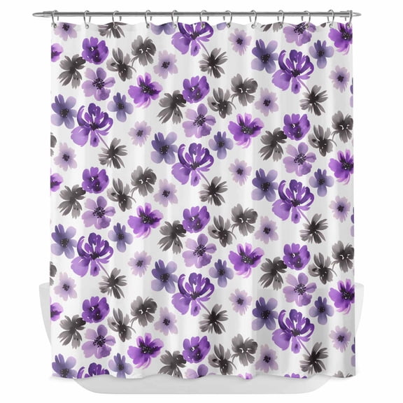 Xipuska Purple Black Shower Curtain - Water Repellent Fabric Shower Curtains Washable, Retro Flower Floral Wildflower Watercolor Decorative Polyester Cloth Bathroom Curtains Modern Bath Decor 66"x72"