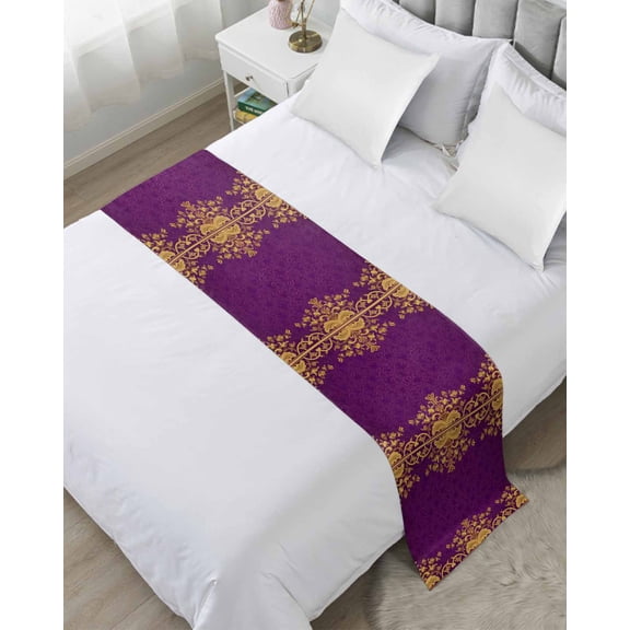 Xipuska Purple Orange Floral Bed Runners for King Size Bed, Decorative Bed Throws for Foot of Bed, Boho Vintage Oriental Abstract Motif Bed Runner Sofa Throw Bedding Scarf Slipcover for Bedroom