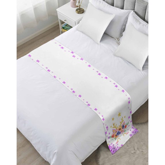 Xipuska Purple Pink Floral Bed Runners for Twin Size Bed, Decorative Bed Throws for Foot of Bed, Farmhouse Antlers Flowers Abstract Bed Runner Sofa Throw Bedding Scarf Protector Slipcover for Bedroom