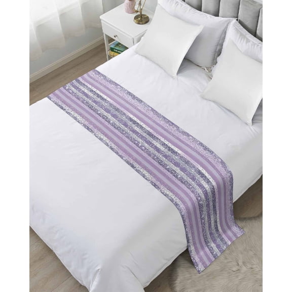 Xipuska Purple Striped Bed Runners for Twin Size Bed, Decorative Bed Throws for Foot of Bed, Monochrome Silverygeometric Lines Dots Bed Runner Sofa Throw Bedding Scarf Protector Slipcover for Bedroom