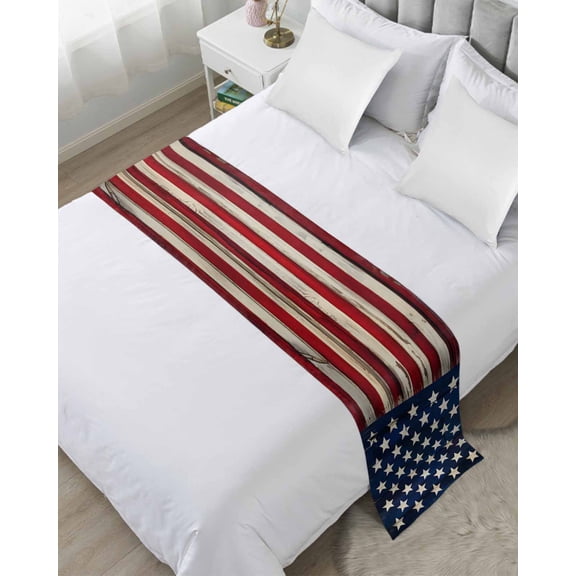Xipuska Red American Flag Bed Runners for Twin Size Bed, Decorative Bed Throws for Foot of Bed, Navy Blue Stars Wooden Bed Runner Sofa Throw Bedding Scarf Protector Slipcover for Bedroom/Hotel