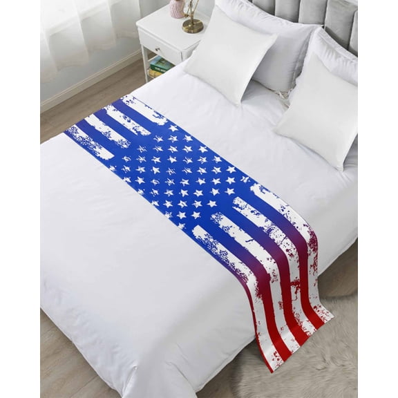 Xipuska Red Blue Bed Runners for King Size Bed, Decorative Bed Throws for Foot of Bed, Ombre Stars Stripes Rustic US Flag Blood Bed Runner Sofa Throw Bedding Scarf Protector Slipcover for Bedroom