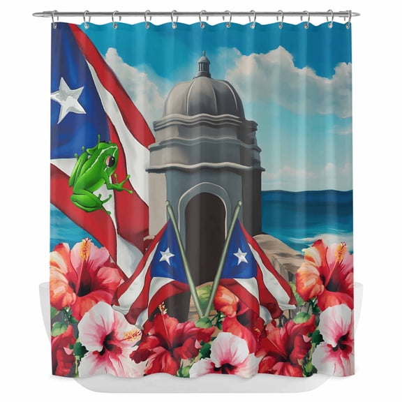 Xipuska Red Blue Flag Shower Curtain - Water Repellent Fabric Shower Curtains Washable, Spring Floral Coastal Ocean Botanical Decorative Polyester Cloth Bathroom Curtains Modern Bath Decor 66"x72"