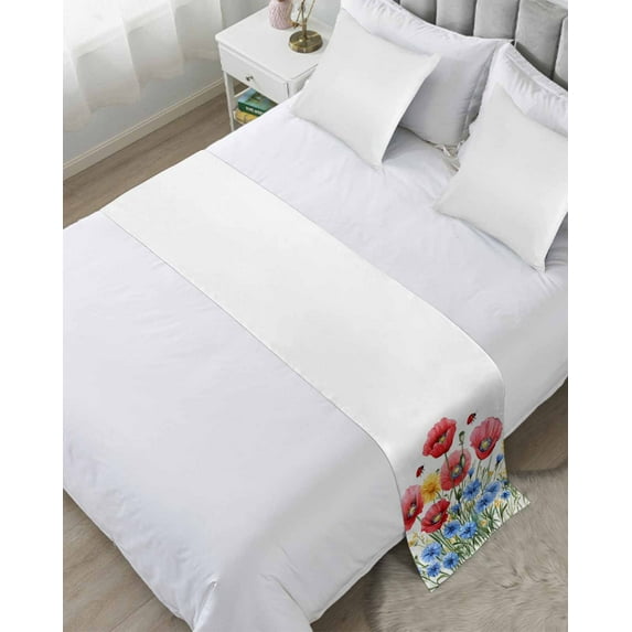 Xipuska Red Blue Floral Bed Runners for Queen Size Bed, Decorative Bed Throws for Foot of Bed, Independence Day Watercolor Wildflower Bed Runner Sofa Throw Bedding Scarf Slipcover for Bedroom