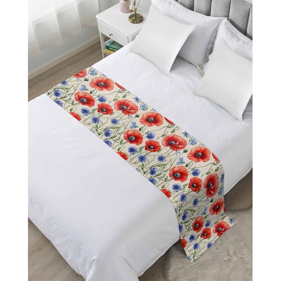 Xipuska Red Blue Flowers Bed Runners for Queen Size Bed, Decorative Bed Throws for Foot of Bed, Patriotic Poppy Floral Summer Country Bed Runner Sofa Throw Bedding Scarf Slipcover for Bedroom