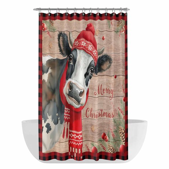 Xipuska Red Christmas Shower Curtain - Water Repellent Fabric Shower Curtains Washable, Cow Farmhouse Plaid Xmas Botanical Wooden Decorative Cloth Bathroom Curtains Modern Bath Decor 36"x72"
