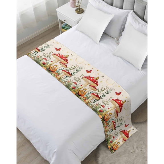 Xipuska Red Mushroom Bed Runners for Queen Size Bed, Decorative Bed Throws for Foot of Bed, Spring Floral Pastoral Butterfly Bed Runner Sofa Throw Bedding Scarf Protector Slipcover for Bedroom/Hotel