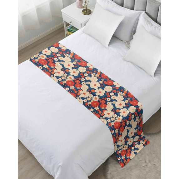Xipuska Red White Daisy Bed Runners for King Size Bed, Decorative Bed Throws for Foot of Bed, Farmhouse Retro Botanical Flowers Bed Runner Sofa Throw Bedding Scarf Protector Slipcover for Bedroom