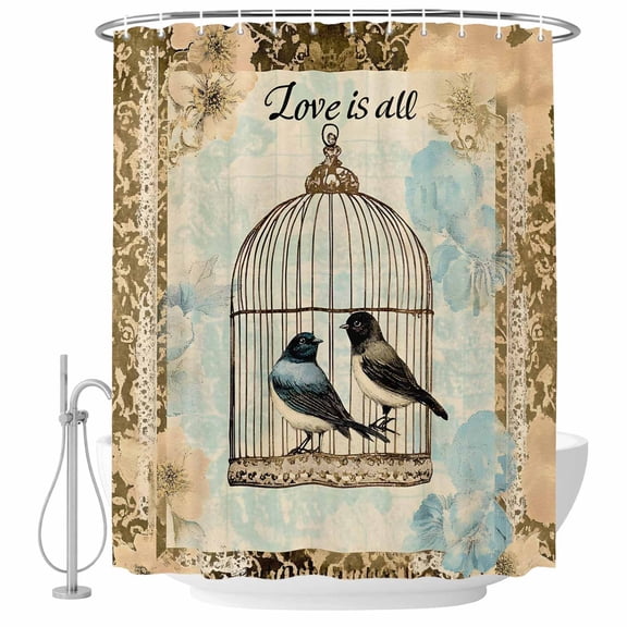 Xipuska Retro Birds Cage Shower Curtain - Water Repellent Fabric Shower Curtains Washable, Watercolor Floral Pattern Decorative Polyester Cloth Bathroom Curtains Modern Bath Decor 36"x72"