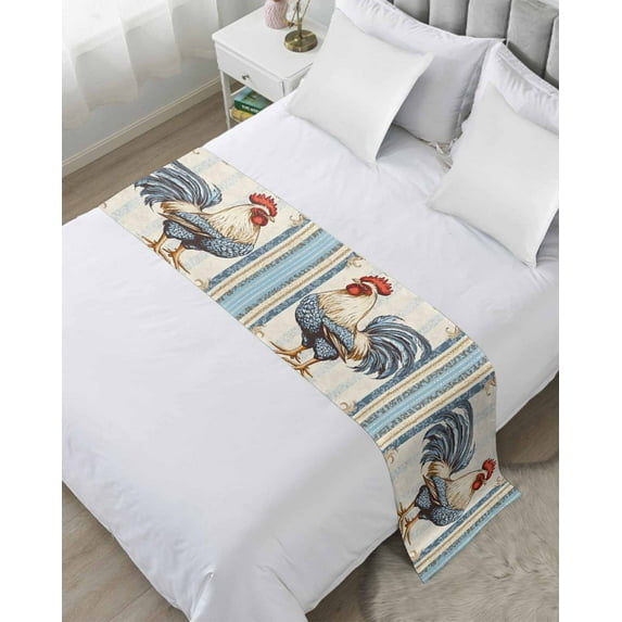 Xipuska Retro Rooster Bed Runners for Cal King Size Bed, Decorative Bed Throws for Foot of Bed, Striped Farmhouse Watercolor Animals Bed Runner Sofa Throw Bedding Scarf Protector Slipcover