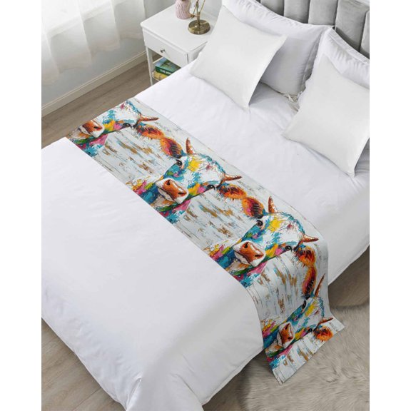 Xipuska Rustic Colorful Cow Bed Runners for Twin Size Bed, Decorative Bed Throws for Foot of Bed, Modern Oil Abstract Painting Animals Bed Runner Sofa Throw Bedding Scarf Slipcover for Bedroom