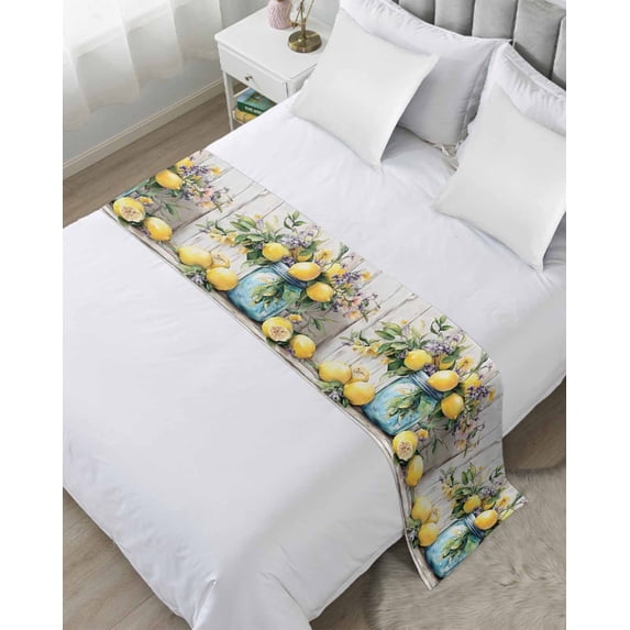 Xipuska Rustic Lemon Vases Bed Runners for Twin Size Bed, Decorative Bed Throws for Foot of Bed, Vintage Botanical Wooden Bed Runner Sofa Throw Bedding Scarf Protector Slipcover for Bedroom/Hotel