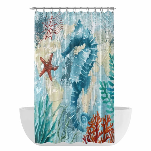 Xipuska Sea Seahorse Coastal Shower Curtain - Water Repellent Fabric Shower Curtains Washable, Nautical Summer Coral Ocean Vintage Decorative Cloth Bathroom Curtains Modern Bath Decor 36"x72"